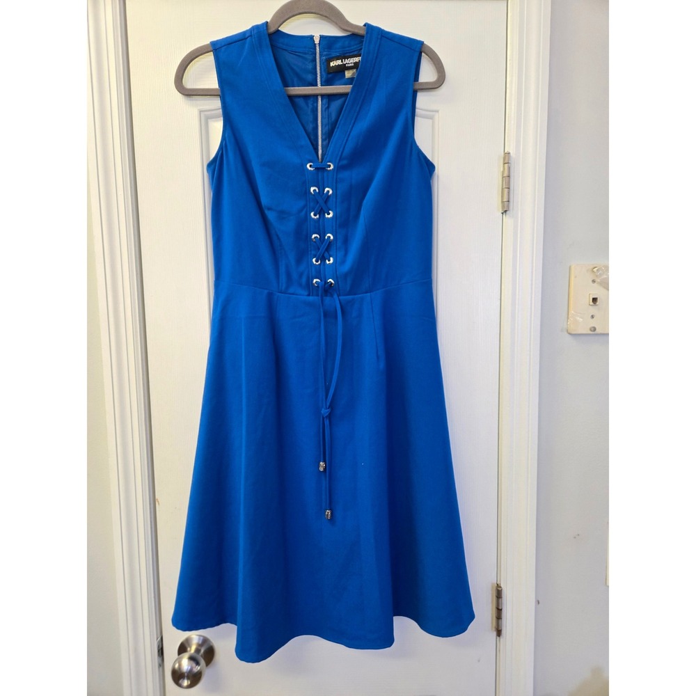 Karl Lagerfeld Paris Royal Blue Lace Up V-Neck Fit Flare Dress Pockets Size 2